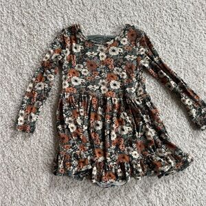 Kids Floral Long-Sleeve Casual Dress in Rust and Olive